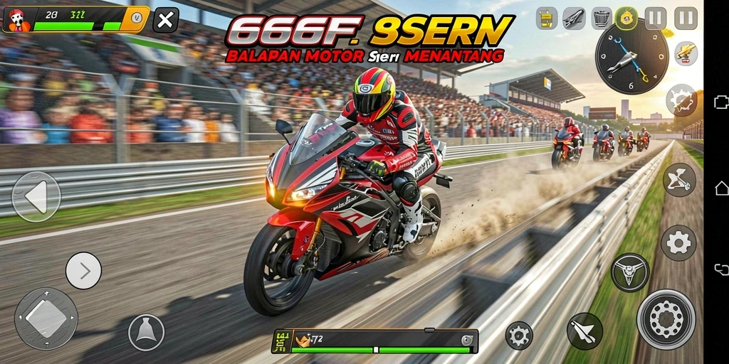 Tampilan gameplay seru di dalam 666FF dengan aksi balapan motor.