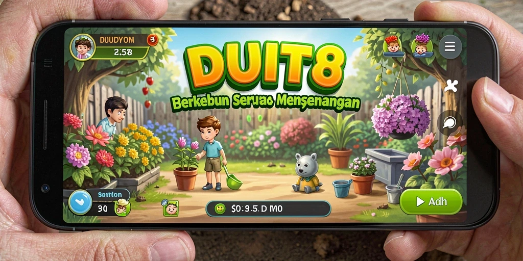 Screenshot gameplay DUIT8 menunjukkan kebun yang hijau dan tanaman yang subur.