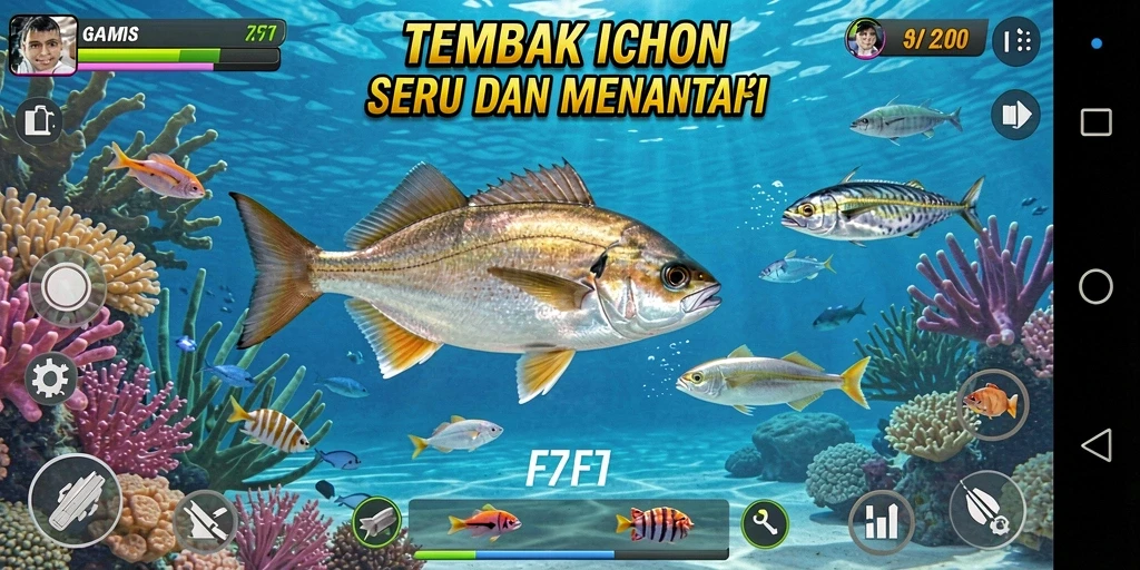 Screenshot gameplay F7F7 menampilkan aksi tembak ikan yang seru.
