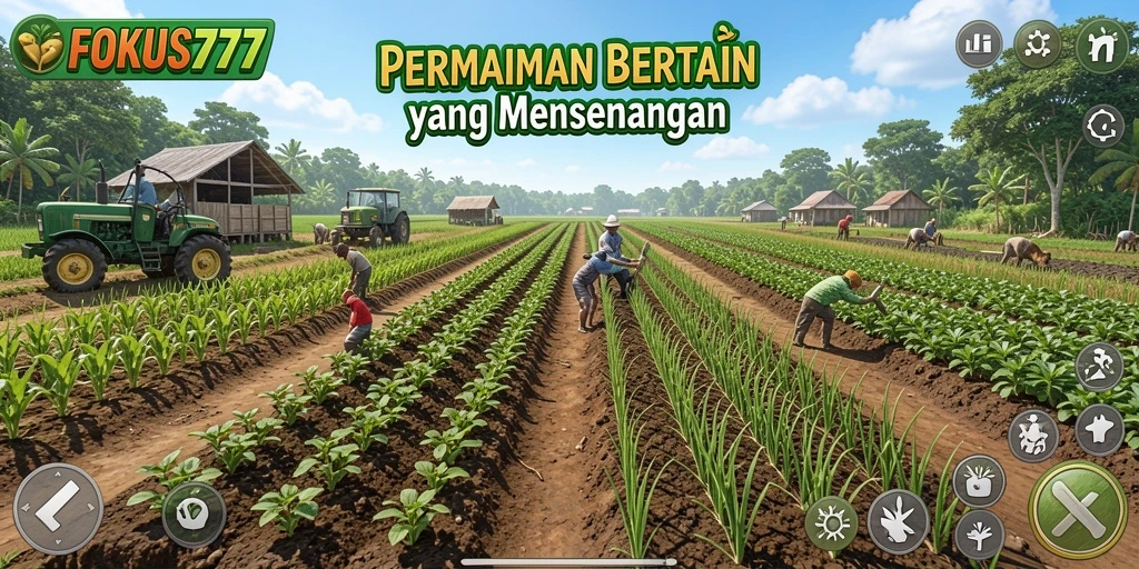 Tampilan gameplay FOKUS777 dengan lahan pertanian yang luas dan indah.