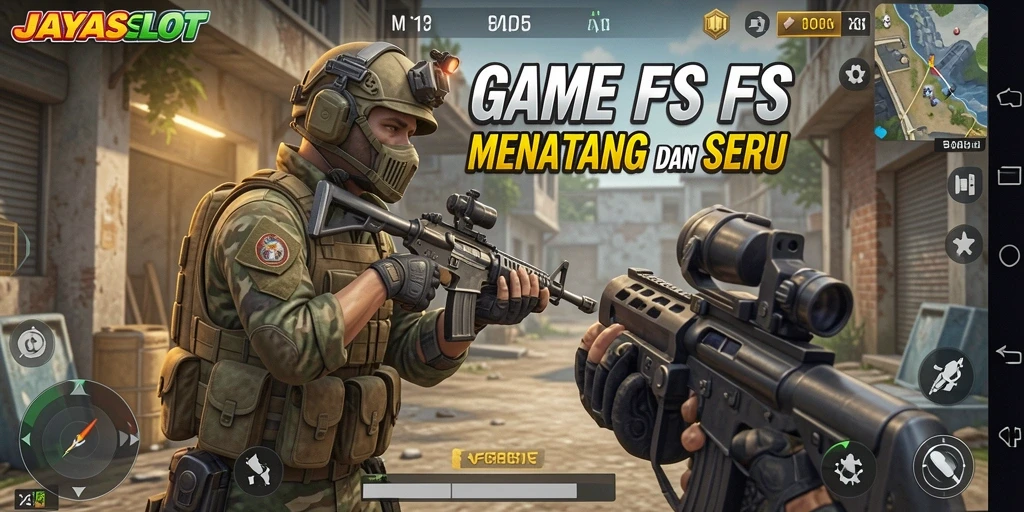 Screenshot gameplay JAYASLOT menunjukkan aksi seru dalam pertempuran FPS.