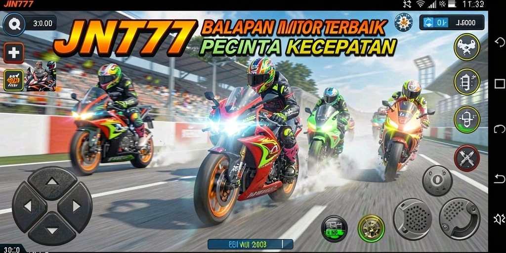 Tampilan gameplay JNT777 dengan aksi balapan motor yang seru.