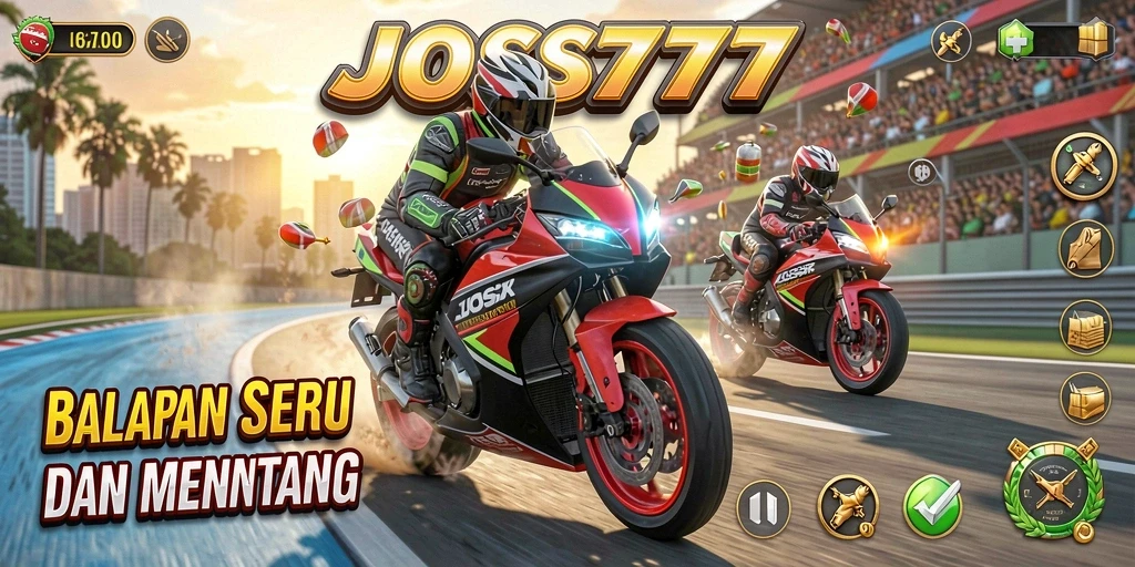 Tampilan gameplay mendebarkan dari JOSS777 yang menunjukkan aksi balapan motor.