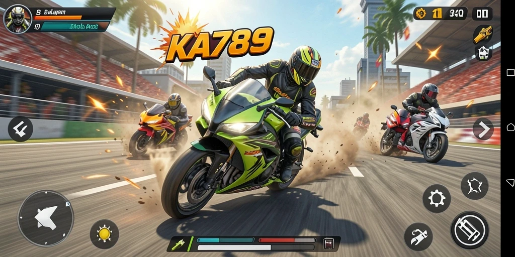Gameplay seru dalam balapan motor KA789 dengan lintasan menantang.