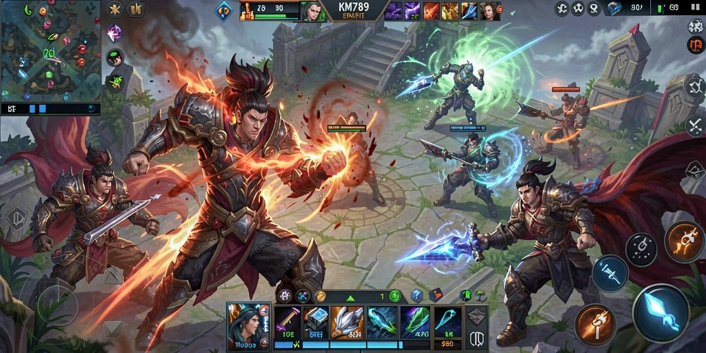 Screenshot gameplay KM789 dengan pertarungan tim yang epik.