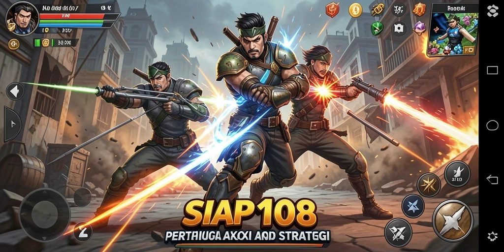 Screenshot utama <strong>SIAP108</strong> menampilkan pertarungan aksi yang intens.